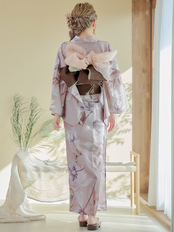 画像8: 【即日発送！】【浴衣】ホワイトフラワーブラウン浴衣 【浴衣３点セット 浴衣/帯/下駄】[YMT] (8)