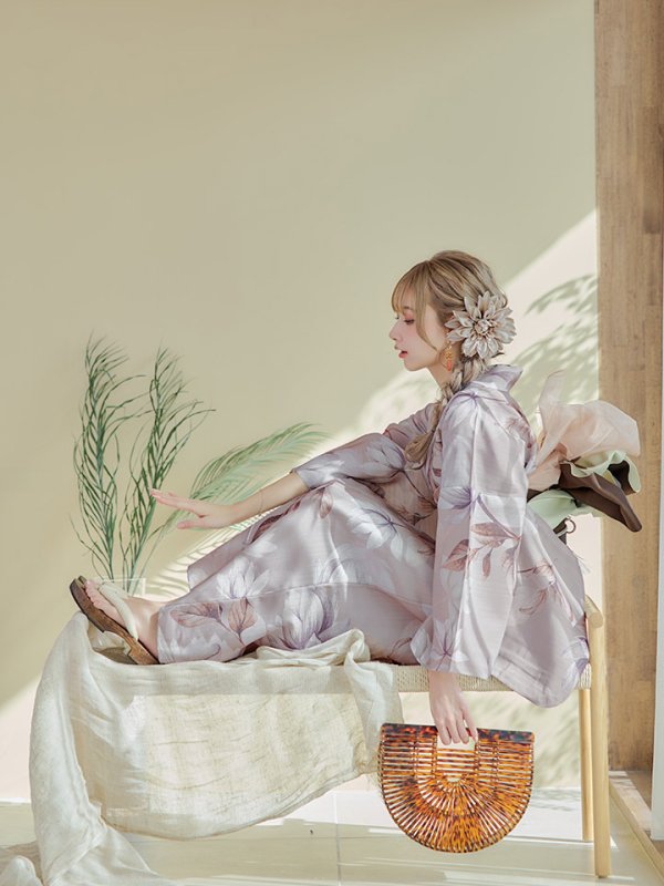 画像9: 【即日発送！】【浴衣】ホワイトフラワーブラウン浴衣 【浴衣３点セット 浴衣/帯/下駄】[YMT] (9)