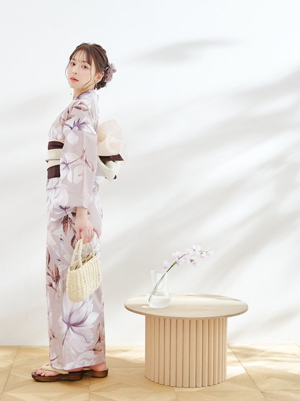 画像10: 【即日発送】【浴衣】ホワイトフラワーブラウン浴衣 【浴衣３点セット 浴衣/帯/下駄】[YMT] (10)