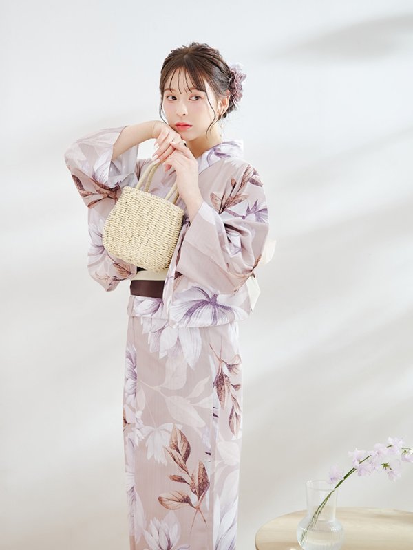 画像12: 【即日発送】【浴衣】ホワイトフラワーブラウン浴衣 【浴衣３点セット 浴衣/帯/下駄】[YMT] (12)