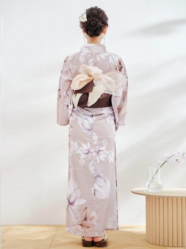 画像15: 【即日発送】【浴衣】ホワイトフラワーブラウン浴衣 【浴衣３点セット 浴衣/帯/下駄】[YMT] (15)