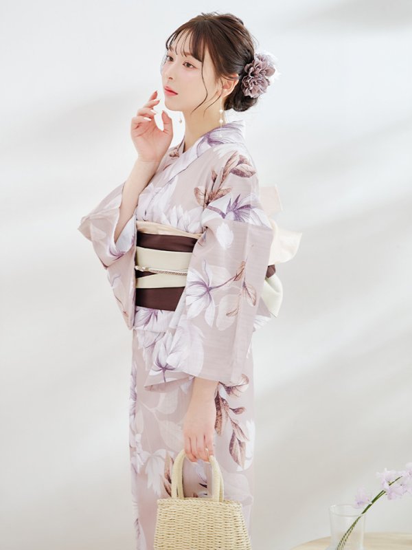 画像3: 【即日発送】【浴衣】ホワイトフラワーブラウン浴衣 【浴衣３点セット 浴衣/帯/下駄】[YMT] (3)