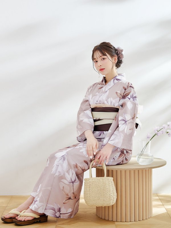 画像7: 【即日発送】【浴衣】ホワイトフラワーブラウン浴衣 【浴衣３点セット 浴衣/帯/下駄】[YMT] (7)