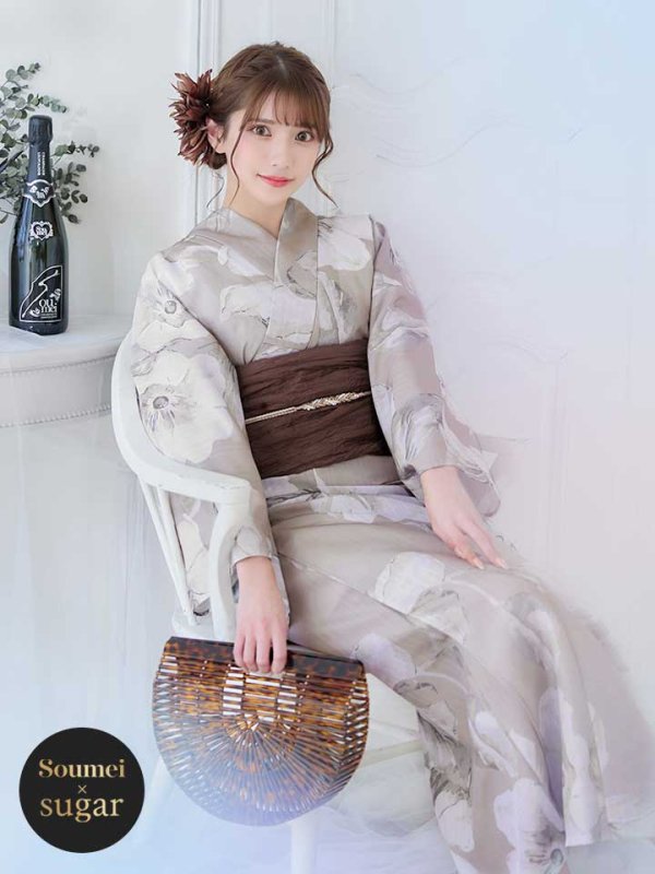 画像2: 【即日発送】【浴衣】ベージュ地にアネモネの大人花浴衣【浴衣３点セット 浴衣/帯/下駄】[ YMT ] (2)