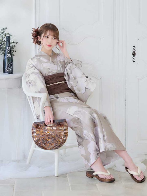 画像10: 【即日発送】【浴衣】ベージュ地にアネモネの大人花浴衣【浴衣３点セット 浴衣/帯/下駄】[ YMT ] (10)