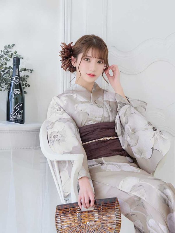 画像11: 【即日発送】【浴衣】ベージュ地にアネモネの大人花浴衣【浴衣３点セット 浴衣/帯/下駄】[ YMT ] (11)