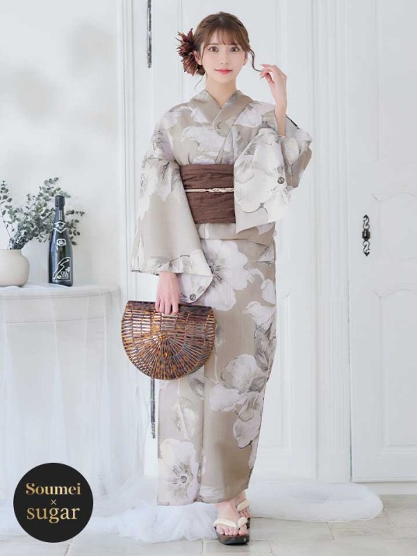 画像3: 【即日発送】【浴衣】ベージュ地にアネモネの大人花浴衣【浴衣３点セット 浴衣/帯/下駄】[ YMT ] (3)