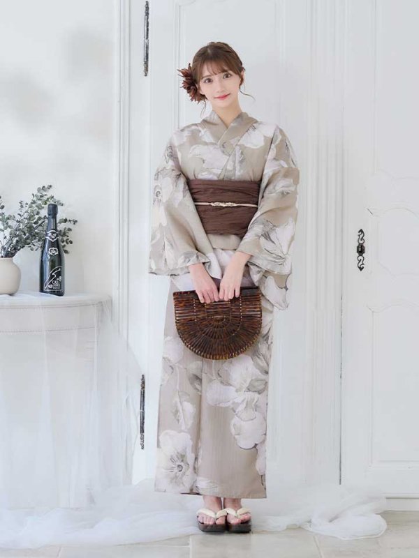 画像4: 【即日発送】【浴衣】ベージュ地にアネモネの大人花浴衣【浴衣３点セット 浴衣/帯/下駄】[ YMT ] (4)