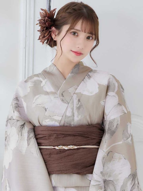 画像5: 【即日発送】【浴衣】ベージュ地にアネモネの大人花浴衣【浴衣３点セット 浴衣/帯/下駄】[ YMT ] (5)