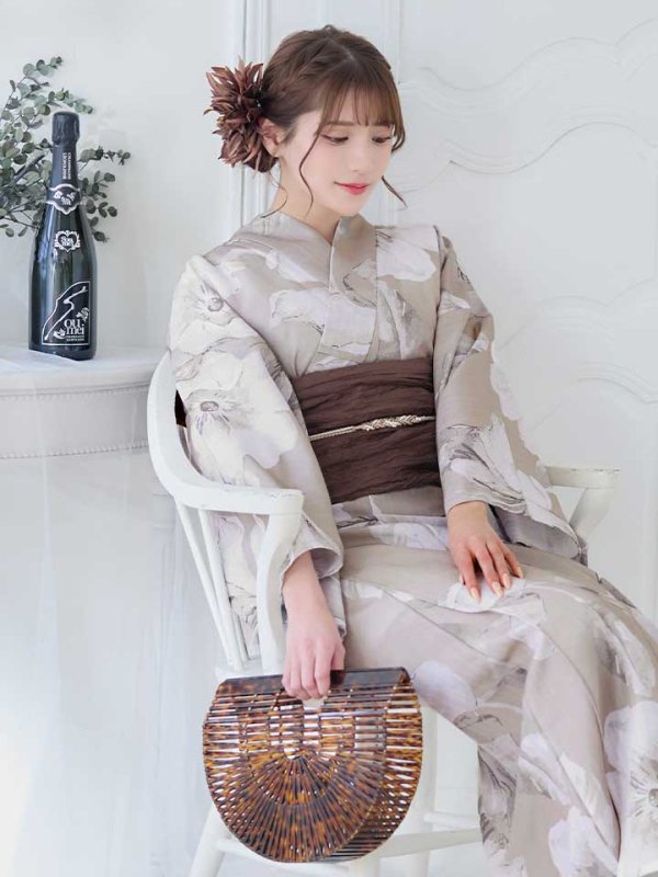 画像7: 【即日発送】【浴衣】ベージュ地にアネモネの大人花浴衣【浴衣３点セット 浴衣/帯/下駄】[ YMT ] (7)