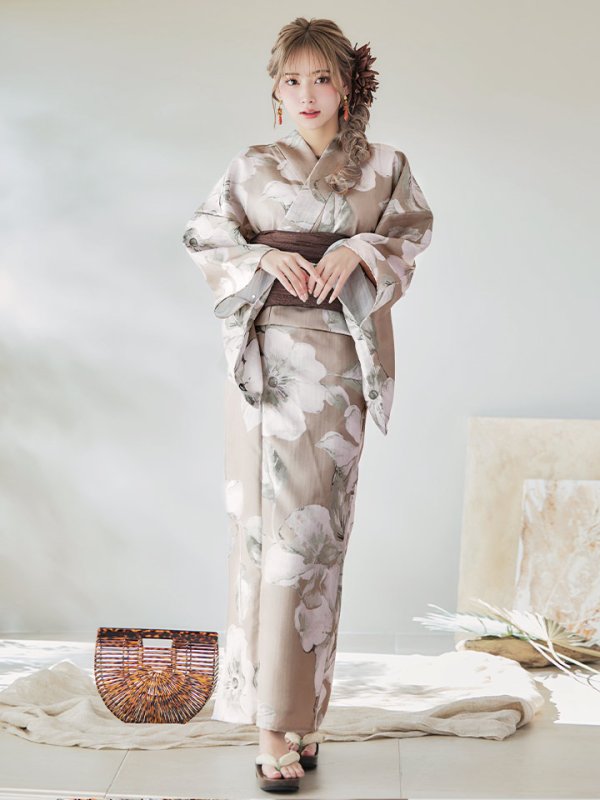 画像13: 【即日発送】【浴衣】ベージュ地にアネモネの大人花浴衣【浴衣３点セット 浴衣/帯/下駄】[YMT] (13)