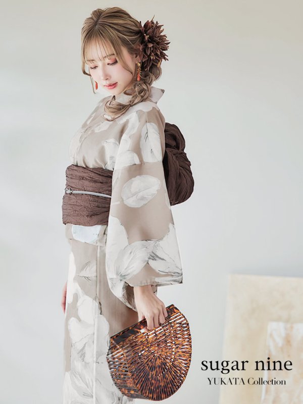 画像2: 【即日発送】【浴衣】ベージュ地にアネモネの大人花浴衣【浴衣３点セット 浴衣/帯/下駄】[YMT] (2)