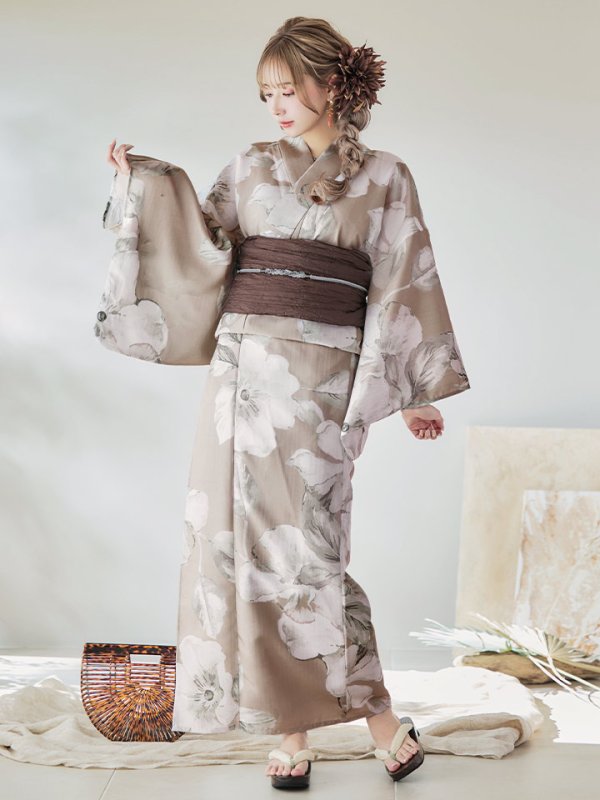 画像3: 【即日発送】【浴衣】ベージュ地にアネモネの大人花浴衣【浴衣３点セット 浴衣/帯/下駄】[YMT] (3)
