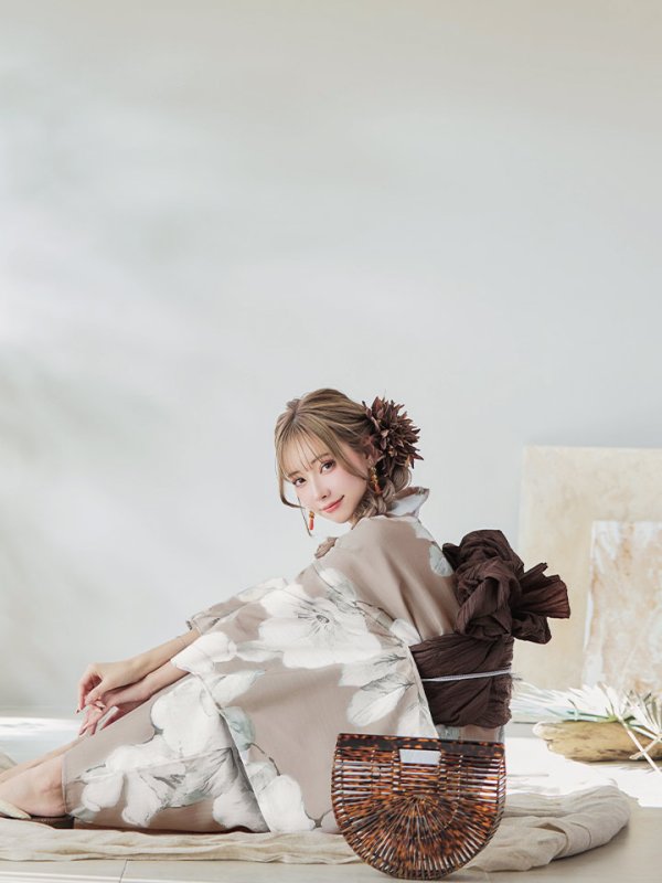 画像9: 【即日発送】【浴衣】ベージュ地にアネモネの大人花浴衣【浴衣３点セット 浴衣/帯/下駄】[YMT] (9)