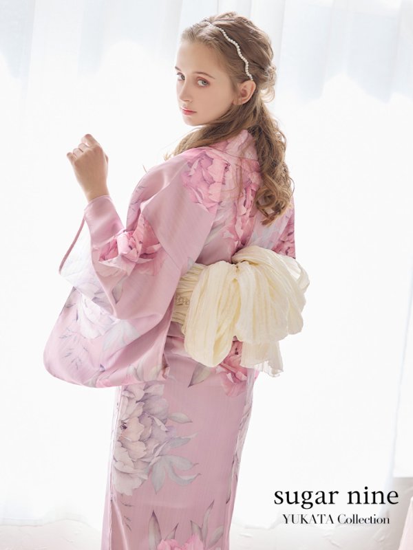 即日発送】【浴衣】大人スウィート/ピンク地に大柄牡丹浴衣 【浴衣3点