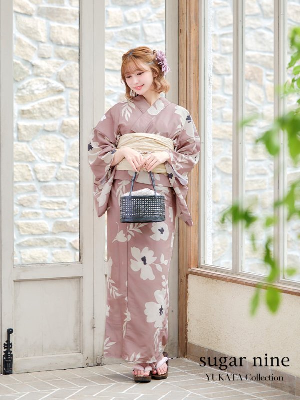 画像2: 【即日発送】【浴衣セール】 ブラウン地xシルエットフラワー 牡丹柄 【浴衣３点セット 浴衣/帯/下駄】[YMT] (2)