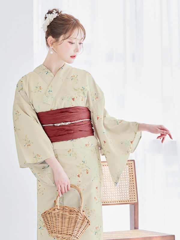 画像12: 【即日発送】【浴衣セール】ベージュ地x小花柄浴衣 【浴衣３点セット 浴衣/帯/下駄】[YMT] (12)