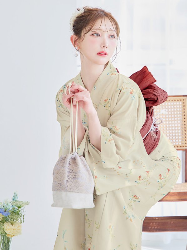 画像15: 【即日発送】【浴衣セール】ベージュ地x小花柄浴衣 【浴衣３点セット 浴衣/帯/下駄】[YMT] (15)