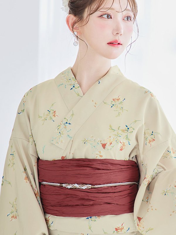 画像5: 【即日発送】【浴衣セール】ベージュ地x小花柄浴衣 【浴衣３点セット 浴衣/帯/下駄】[YMT] (5)