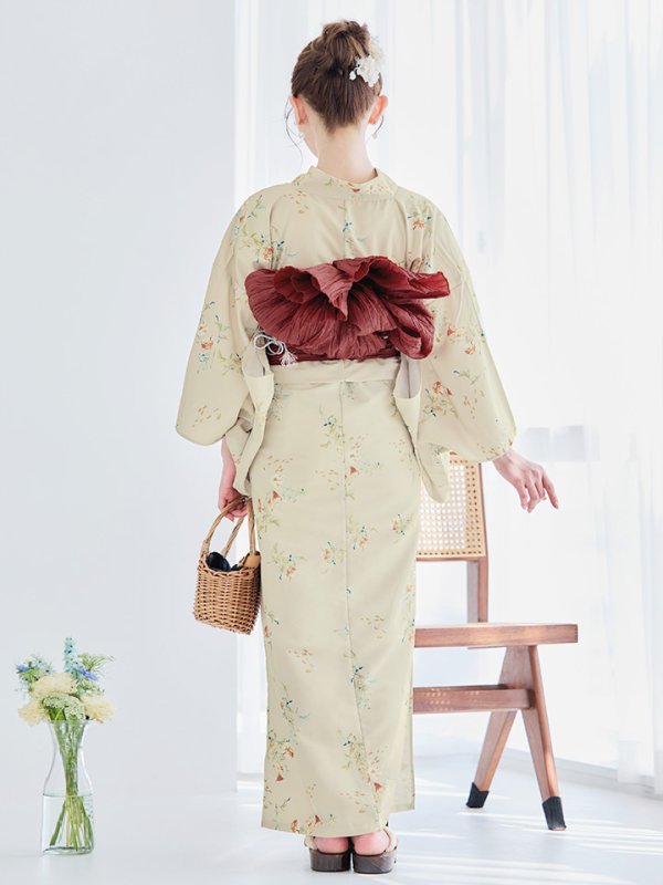 画像8: 【即日発送】【浴衣セール】ベージュ地x小花柄浴衣 【浴衣３点セット 浴衣/帯/下駄】[YMT] (8)