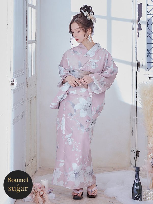 画像2: 【即日発送】【浴衣セール】【浴衣】 大人スウィート/ ピンク地に百合の大人浴衣【浴衣３点セット 浴衣/帯/下駄】[YMT] (2)