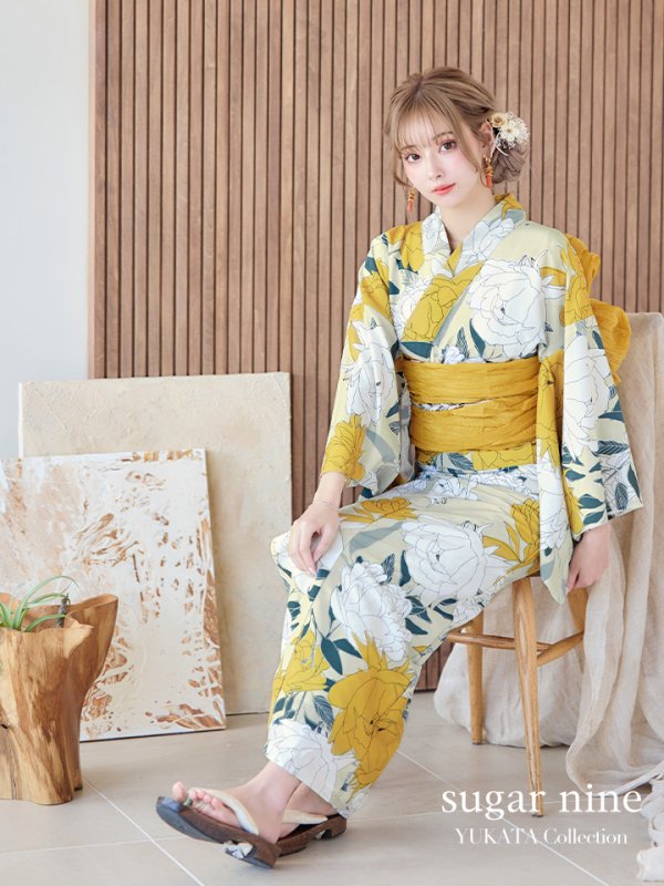 画像1: 【即日発送】レトロモダン牡丹浴衣 OBI-siwa-200-kj-4-Y / HIMO-900-yn-3-GYxGD / YA-952-kn-W / HEKO-800-sb-5-W / GETA-02-ok-2-IV [YMT] (1)