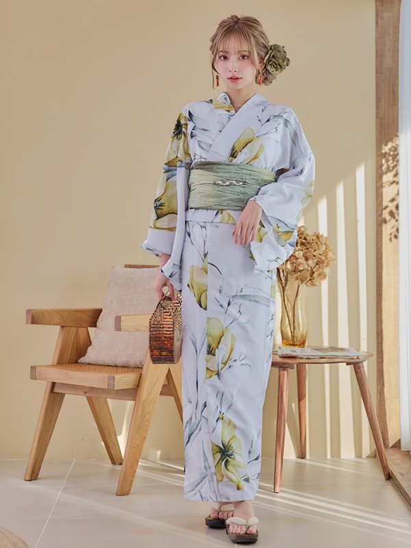 画像10: 【即日発送】イエローフラワーと木蓮浴衣【浴衣３点セット 浴衣/帯/下駄】[YMT] (10)