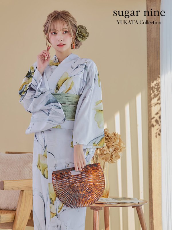 画像2: 【即日発送】イエローフラワーと木蓮浴衣【浴衣３点セット 浴衣/帯/下駄】[YMT] (2)