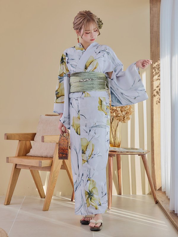 画像4: 【即日発送】イエローフラワーと木蓮浴衣【浴衣３点セット 浴衣/帯/下駄】[YMT] (4)