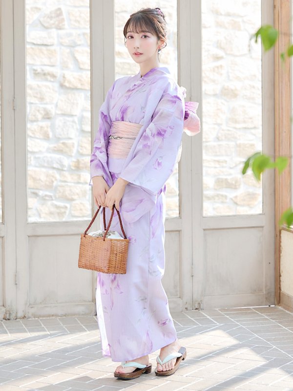 画像4: 【即日発送！】【浴衣】ストライプ地 /グラデーション木蓮浴衣【浴衣３点セット 浴衣/帯/下駄】[YMT] (4)