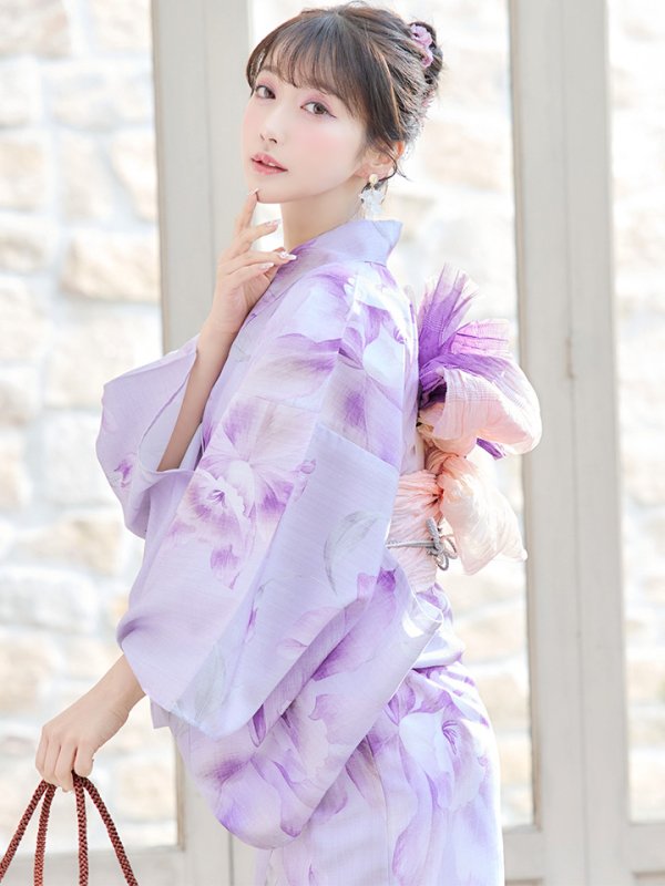 画像9: 【即日発送！】【浴衣】ストライプ地 /グラデーション木蓮浴衣【浴衣３点セット 浴衣/帯/下駄】[YMT] (9)