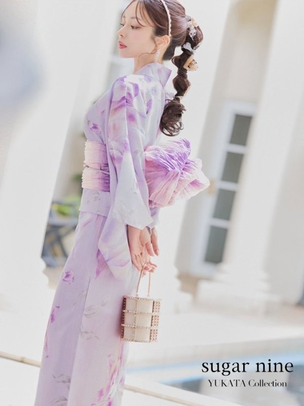 画像2: 【即日発送！】【浴衣】ストライプ地 /グラデーション木蓮浴衣 【浴衣３点セット 浴衣/帯/下駄】[YMT] (2)