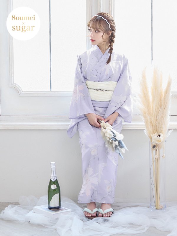 画像2: 【即日発送】【浴衣セール】【浴衣】 ライラックの可憐な花浴衣【浴衣３点セット 浴衣/帯/下駄】[YMT] (2)