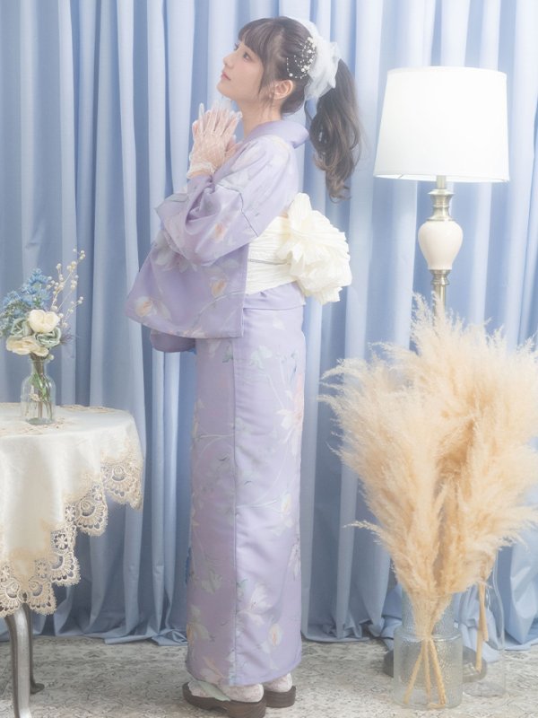 画像4: 【即日発送】【浴衣セール】 ライラックの可憐な花浴衣 【浴衣３点セット 浴衣/帯/下駄】[YMT] (4)