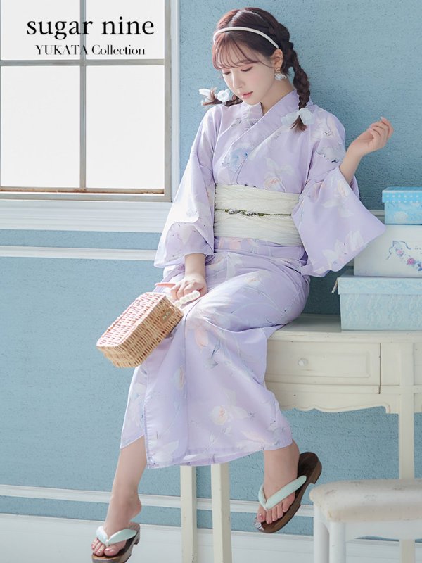 画像2: 【即日発送】【浴衣セール】【浴衣】ライラックの可憐な花浴衣 【浴衣３点セット 浴衣/帯/下駄】[YMT] (2)