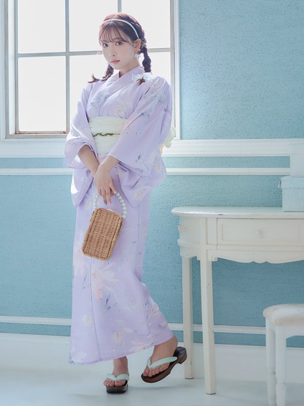 画像4: 【即日発送】【浴衣セール】【浴衣】ライラックの可憐な花浴衣 【浴衣３点セット 浴衣/帯/下駄】[YMT] (4)