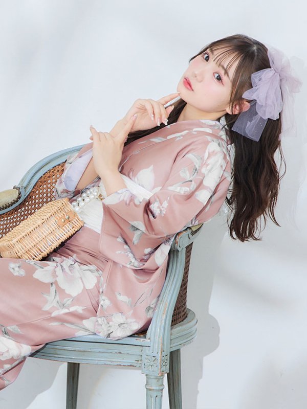 画像11: 【即日発送】大人スウィート/くすみピンク椿浴衣 【浴衣３点セット 浴衣/帯/下駄】[YMT] (11)