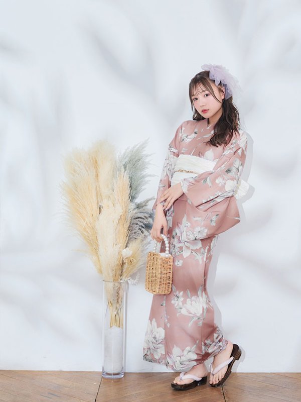 画像12: 【即日発送】大人スウィート/くすみピンク椿浴衣 【浴衣３点セット 浴衣/帯/下駄】[YMT] (12)