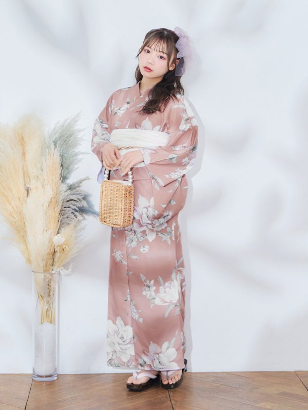 画像4: 【即日発送】大人スウィート/くすみピンク椿浴衣 【浴衣３点セット 浴衣/帯/下駄】[YMT] (4)