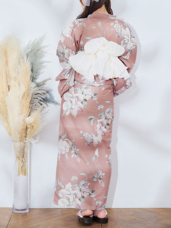 画像8: 【即日発送】大人スウィート/くすみピンク椿浴衣 【浴衣３点セット 浴衣/帯/下駄】[YMT] (8)