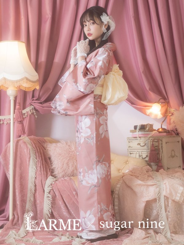 画像2: 【即日発送】大人スウィート/くすみピンク椿浴衣 【浴衣３点セット 浴衣/帯/下駄】[YMT] (2)