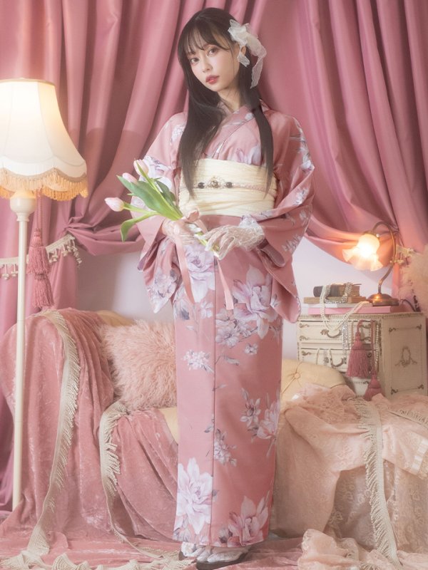 画像4: 【即日発送】大人スウィート/くすみピンク椿浴衣 【浴衣３点セット 浴衣/帯/下駄】[YMT] (4)