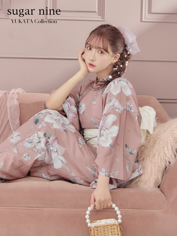 画像1: 大人スウィート/くすみピンク椿浴衣 OBI-siwa-200-kj-13-OW / HIMO-900-yn-8-PK / YA-954-kj-P / HEKO-800-sb-5-W / GETA-02-ok-5-P [YMT] (1)