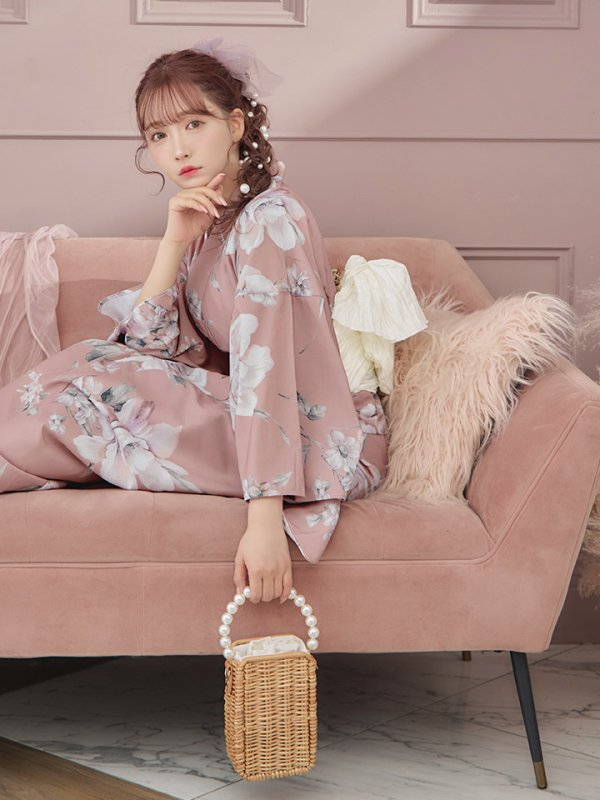 画像12: 【即日発送】大人スウィート/くすみピンク椿浴衣【浴衣３点セット 浴衣/帯/下駄】[YMT] (12)