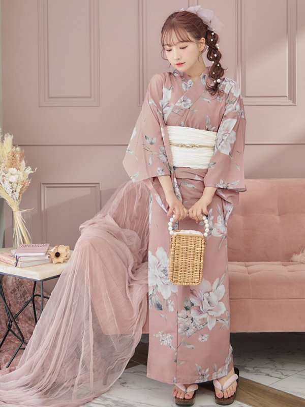 画像13: 【即日発送】大人スウィート/くすみピンク椿浴衣【浴衣３点セット 浴衣/帯/下駄】[YMT] (13)