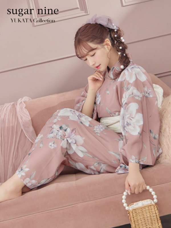 画像2: 【即日発送】大人スウィート/くすみピンク椿浴衣【浴衣３点セット 浴衣/帯/下駄】[YMT] (2)