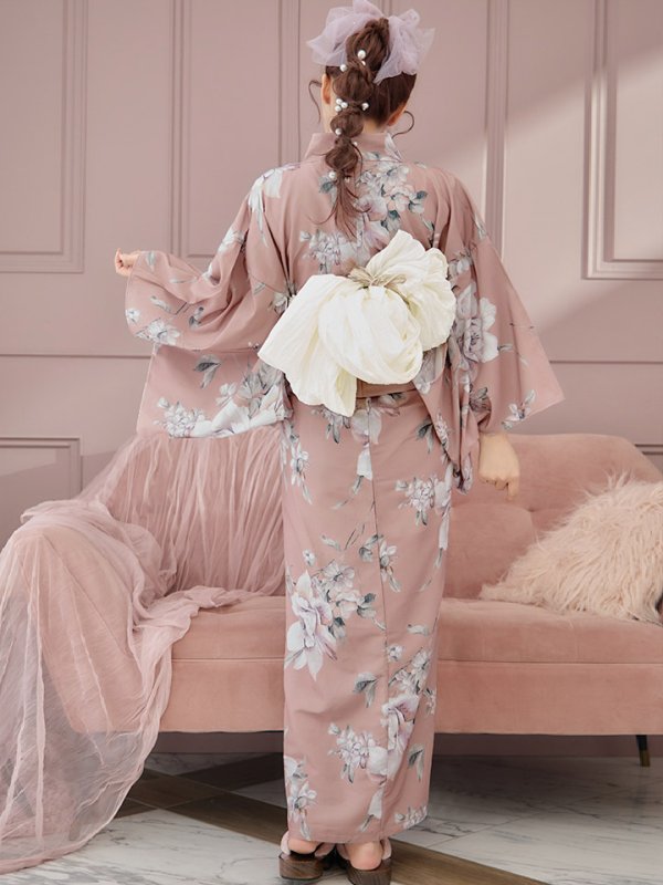 画像8: 【即日発送】大人スウィート/くすみピンク椿浴衣【浴衣３点セット 浴衣/帯/下駄】[YMT] (8)