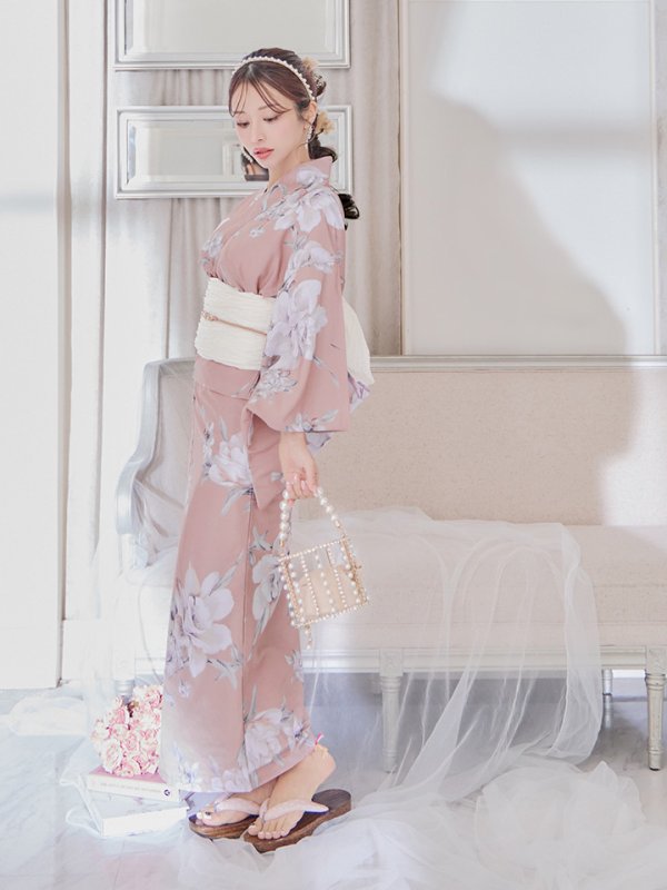 画像10: 【即日発送】大人スウィート/くすみピンク椿浴衣 【浴衣３点セット 浴衣/帯/下駄】[YMT] (10)
