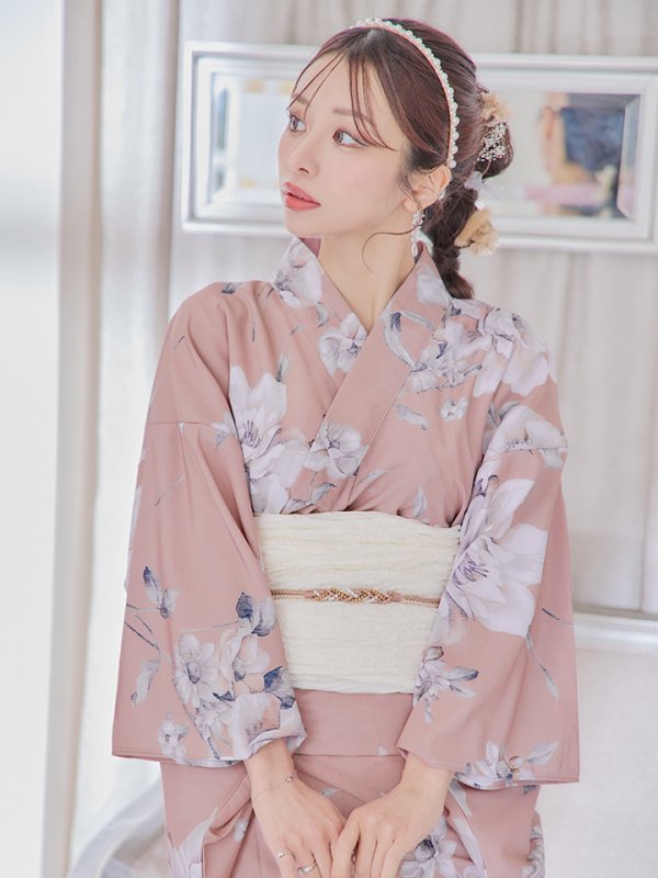 画像13: 【即日発送】大人スウィート/くすみピンク椿浴衣 【浴衣３点セット 浴衣/帯/下駄】[YMT] (13)