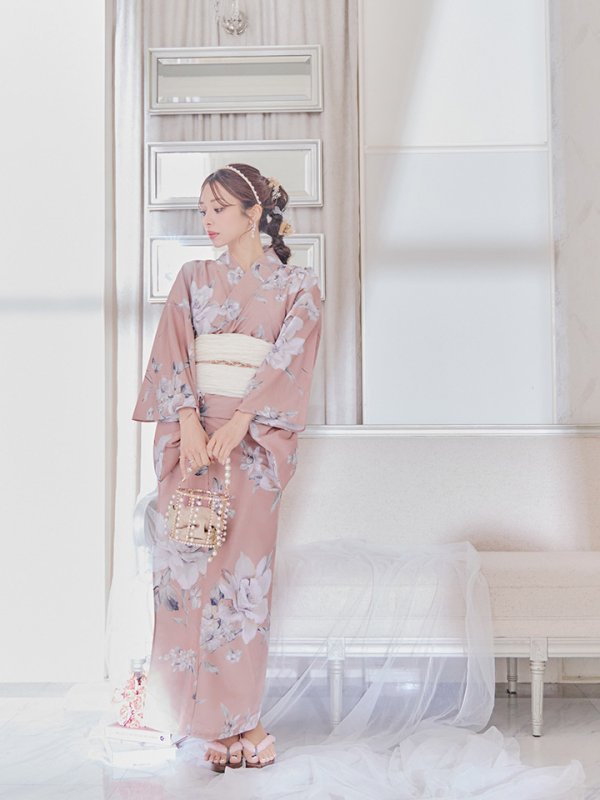 画像14: 【即日発送】大人スウィート/くすみピンク椿浴衣 【浴衣３点セット 浴衣/帯/下駄】[YMT] (14)